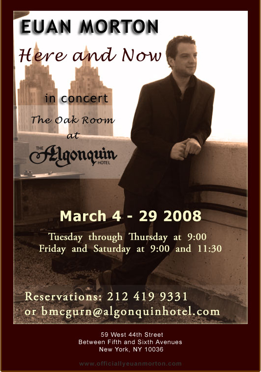Flyer for Euan Morton's series of shows at the Algonquin Hotel